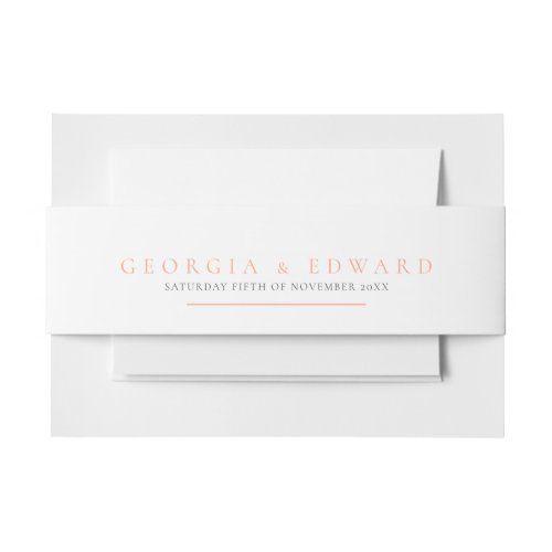 Simple white and peach orange text wedding invitation belly band