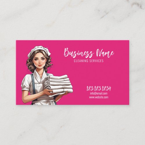 Simple White and Pink Maid Home Cleaning Service Business Card