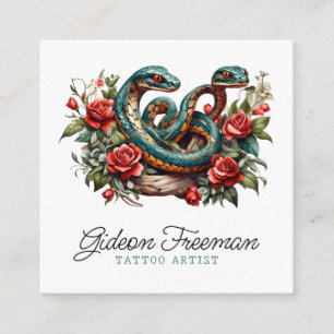 Simple White and Teal Snakes Tattoo Artist Square Business Card