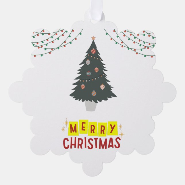 Simple White and Xmas Tree Merry Christmas Ornament Card (Front)