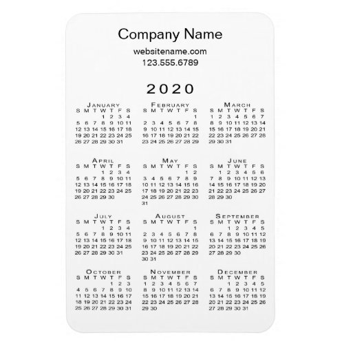 Simple White Black 2020 Calendar Company Name Info Magnet