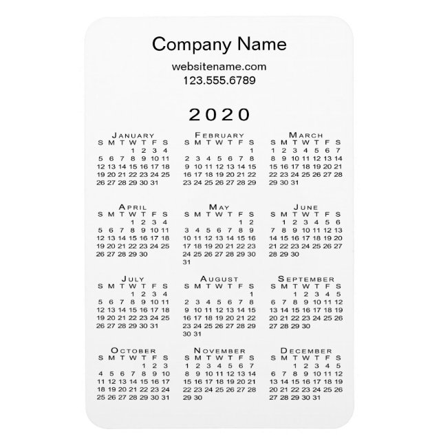 Simple White Black 2020 Calendar Company Name Info Magnet (Vertical)