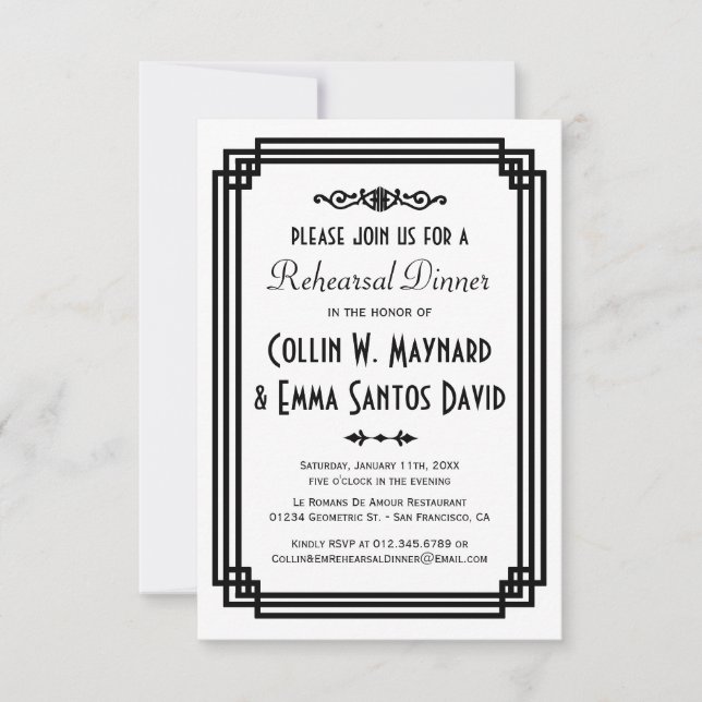 Simple White & Black Art Deco Rehearsal Dinner Invitation (Front)