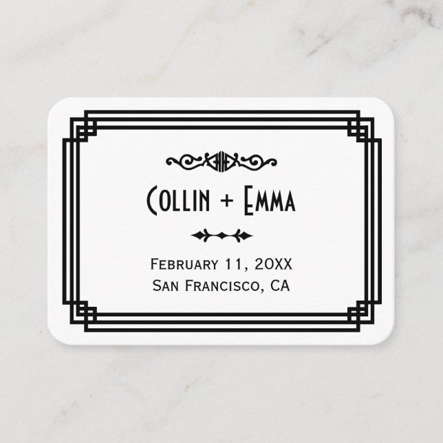 Simple White & Black Art Deco Wedding Place Cards (Front)