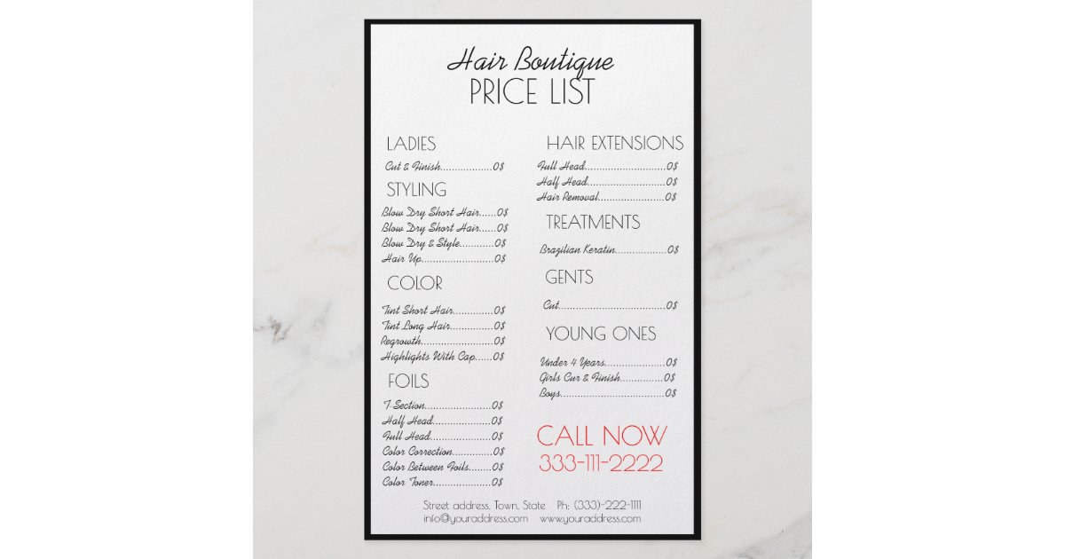 Simple White Black Border Hair Cut Price List Flyer | Zazzle Simple White Black Border Hair Cut Price List Flyer | Zazzle