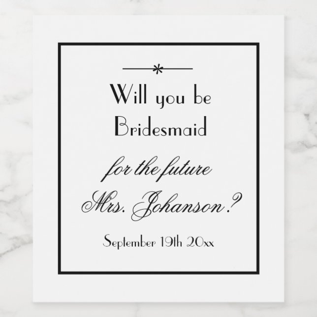 Simple White & Black Bridesmaid Proposal Wine Label (Single Label)