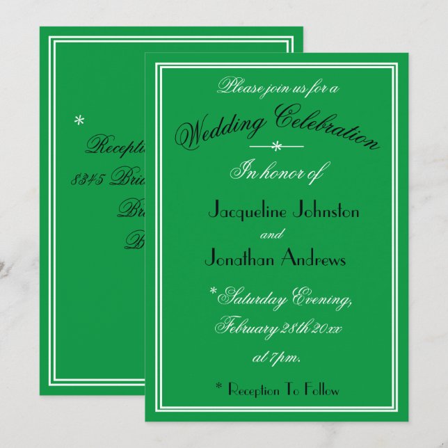 Simple White Black Details Emerald Green Wedding Invitation (Front/Back)