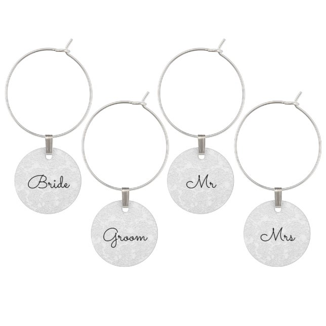 Simple White Black Elegant Wedding Mr Mrs Wine Charm (Staggered)