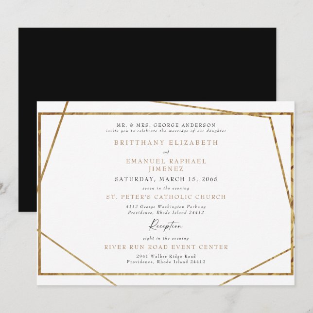 Simple White Black & Gold Geometric Wedding Invitation (Front/Back)