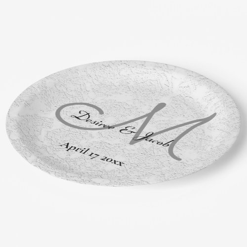 Simple White Black Grey Elegant Wedding Monogram Paper Plates