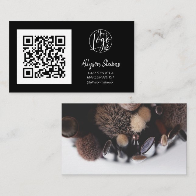 Simple white black hair makeup photo qr code logo business card (Front/Back)
