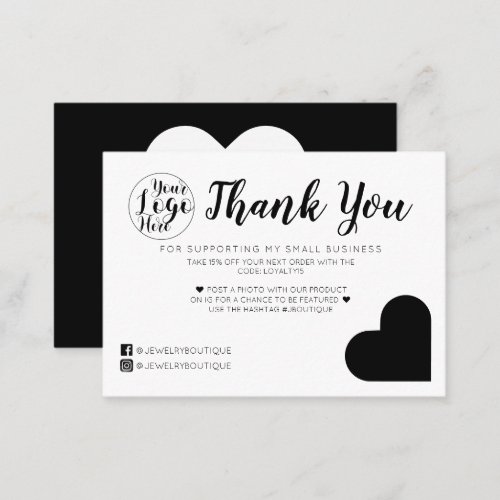 Simple White Black Heart Logo Customer Thank You Business Card