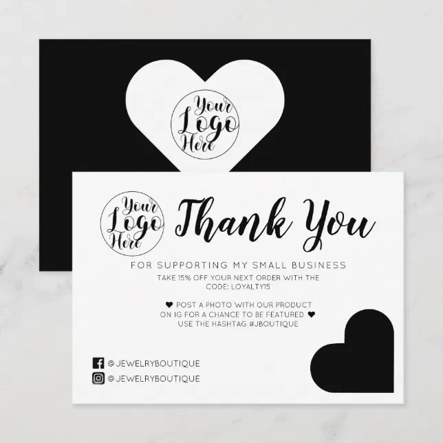 Simple White Black Heart Logo Customer Thank You Card | Zazzle