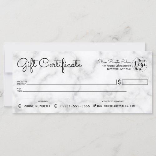 Simple White Black Marble Check Gift Certificate