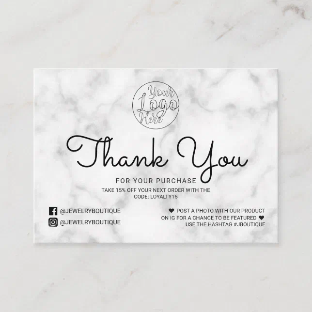 Simple White Black Marble Customer Thank You Business Card | Zazzle