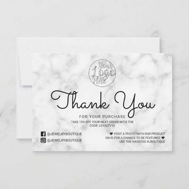 Simple White Black Marble Customer Thank You Card (Front)