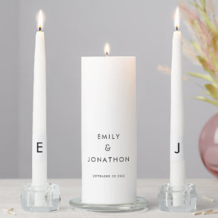 Simple White Black Names Date Initials Wedding Unity Candle Set