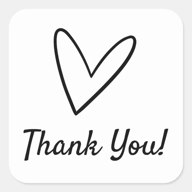 Simple White & Black Typography Heart Thank You Square Sticker | Zazzle