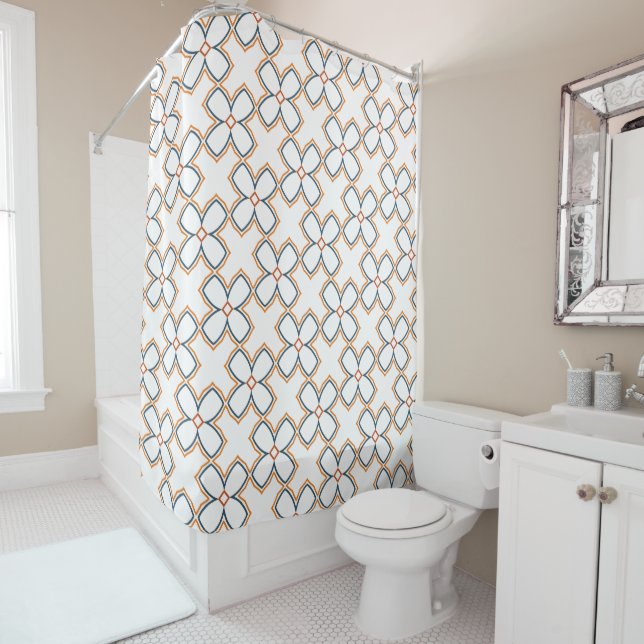 Simple White Blue and Orange Flower Pattern Shower Curtain (In Situ)