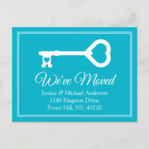 Simple White Blue Minimal Key Moving Announcement Postcard