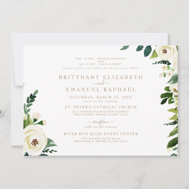 Simple White Both Parents Gold Text Wedding  Invitation (Front)