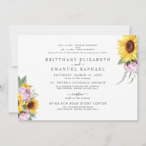 Simple White Both Parents Sunflower Wedding Invitation