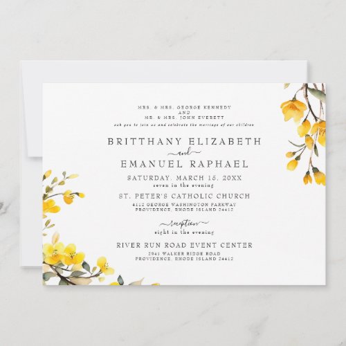 Simple White Both Parents Yellow Floral Wedding  Invitation