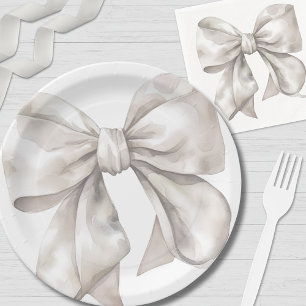 Simple White Bow Baby Shower Paper Plates