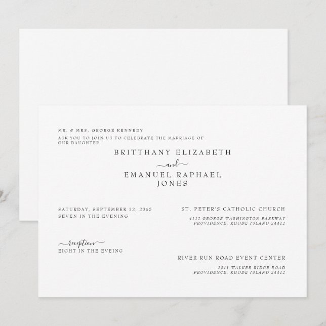 Simple White Bride Parents Listed Wedding  Invitation (Front/Back)
