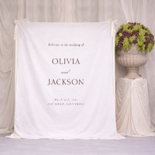 Simple White & Brown Wedding Welcome Sign Fabric Tapestry