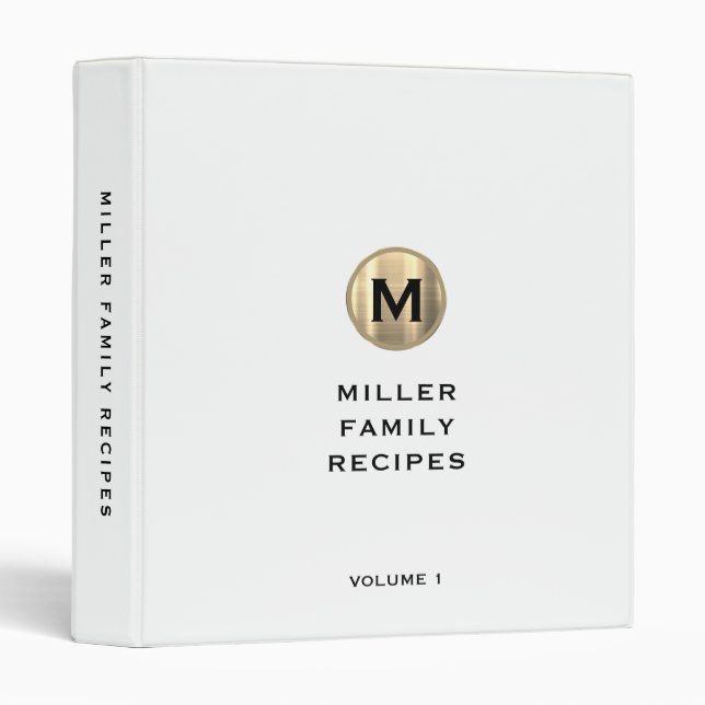 Simple White Brushed Gold Monogram Family Recipe 3 Ring Binder (Front/Spine)