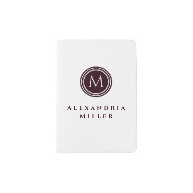 Simple White Burgundy & Gray Monogram Medallion Passport Holder (Front)