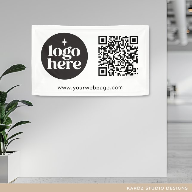 Simple White Business Logo QR Code  Banner (Add your logo, create QR Code with URL and enter your custom text.)