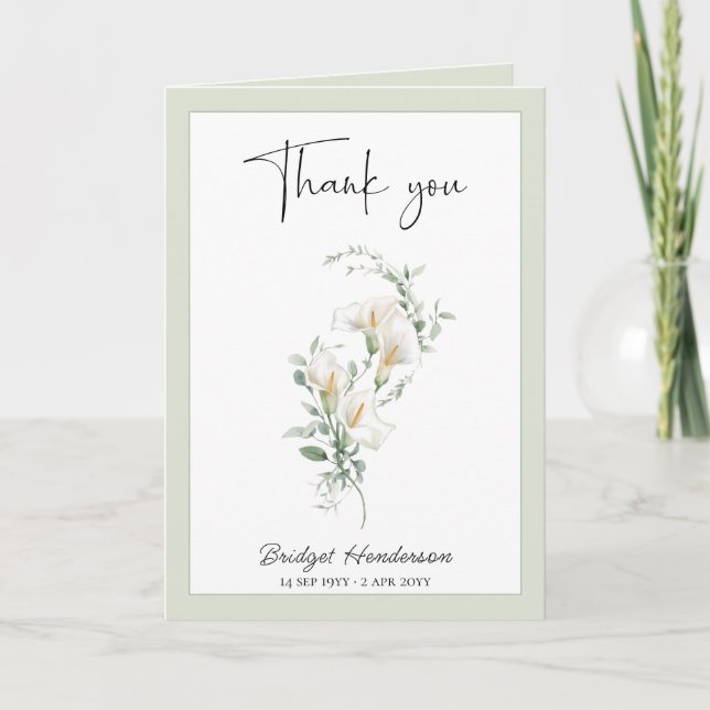 Simple White Calla Lily Eucalyptus Sympathy Thank You Card (Front)