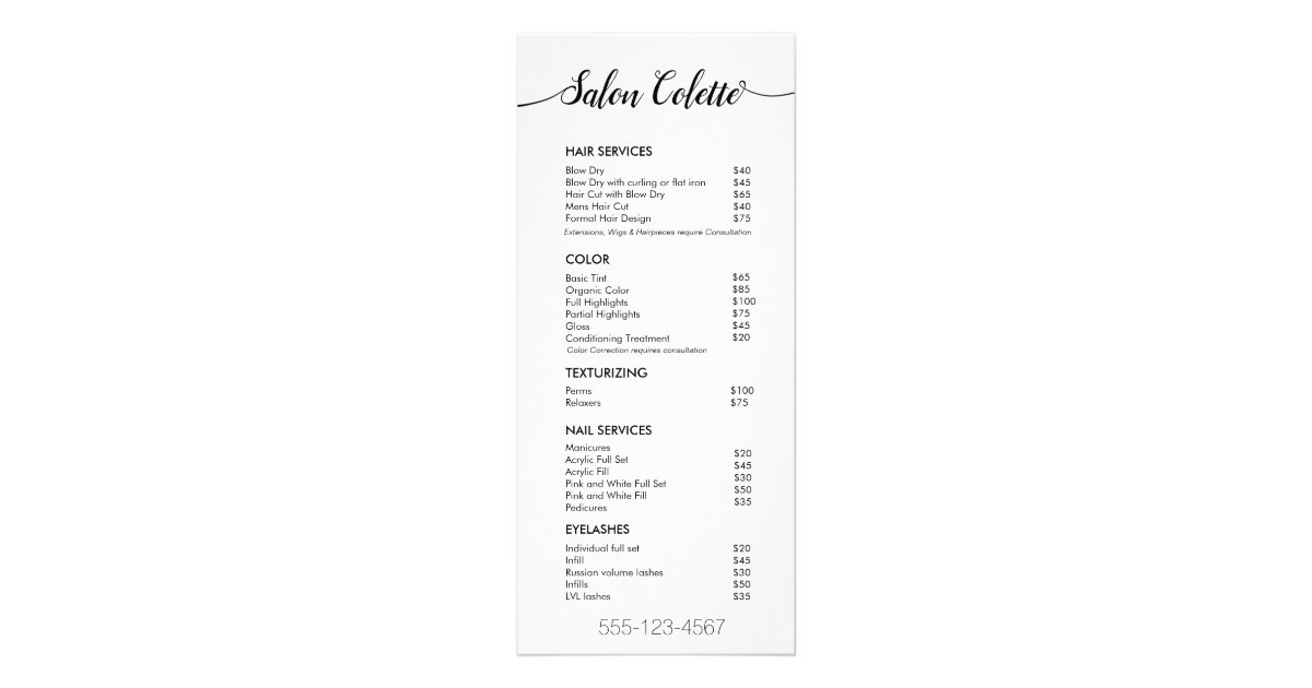 Simple White Calligraphy Salon Service Menu Zazzle Com