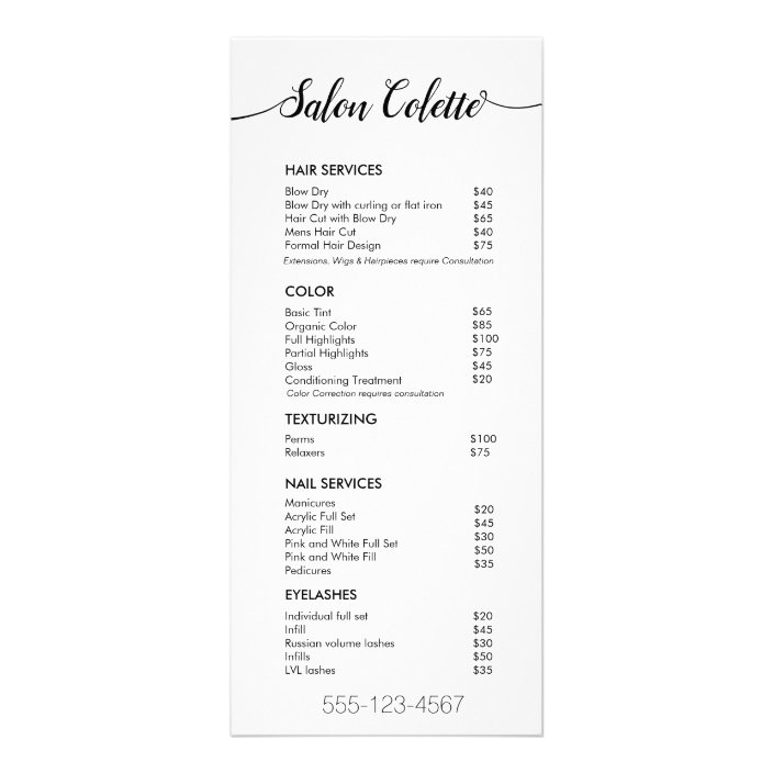 Simple White Calligraphy Salon Service Menu Zazzle Com