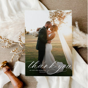 simple white calligraphy wedding thank you card