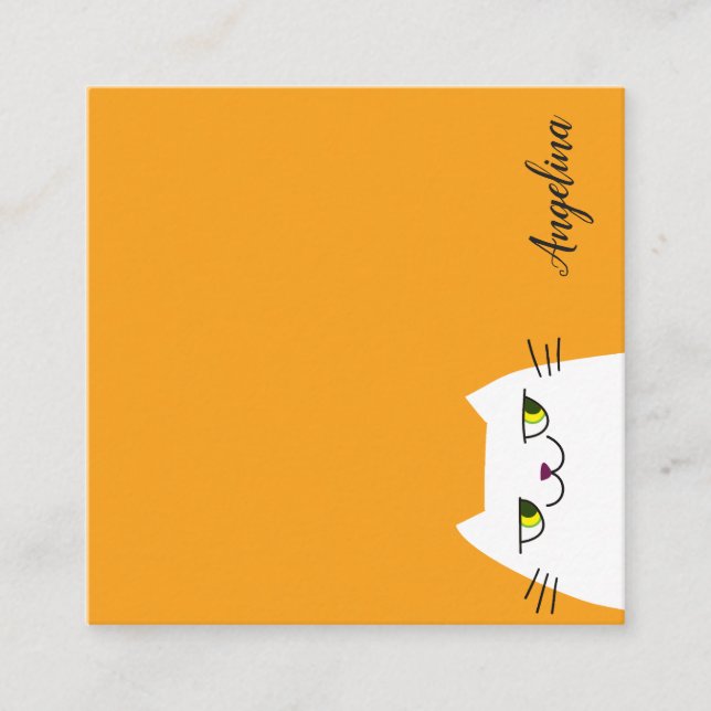Simple White Cat Cartoon Funny Yellow Square Business Card (Front)