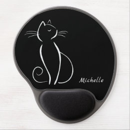 Simple White Cat On Black Add Name Gel Mouse Pad