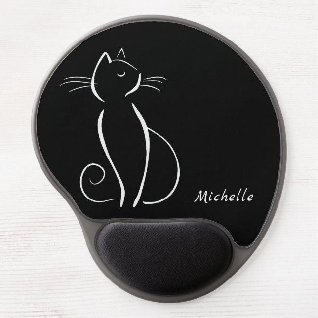 Simple White Cat On Black Add Name Gel Mouse Pad (Front)