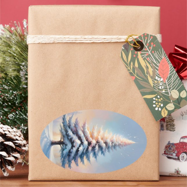 Simple White Christmas Pine Tree on a Sunny Day Oval Sticker (Holiday)