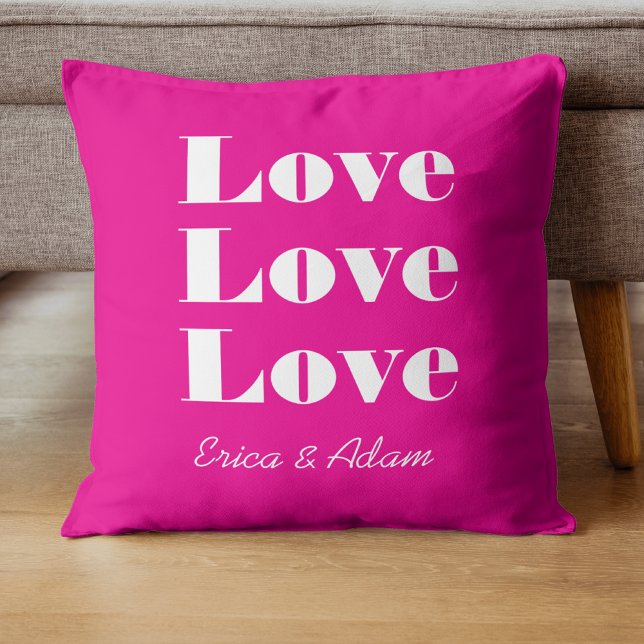 Simple White Clean 3 x Love  | Hot Pink Throw Pillow (Creator Uploaded)