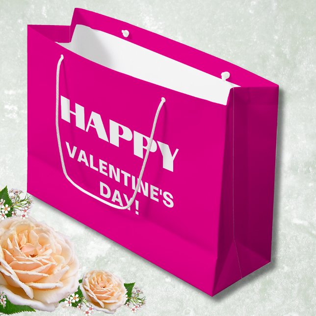 Simple White Clean Happy Valentines Day | Hot Pink Large Gift Bag (Creator Uploaded)
