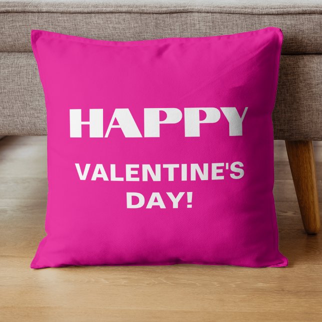 Simple White Clean Happy Valentines Day | Hot Pink Throw Pillow (Creator Uploaded)