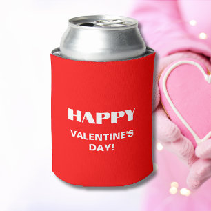 Simple White Clean Happy Valentines Day Neon Red Can Cooler