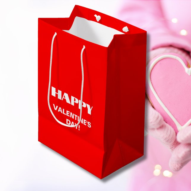 Simple White Clean Happy Valentines Day | Neon Red Medium Gift Bag (Creator Uploaded)