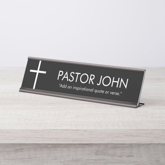 Simple White Cross with Name and Quote on Black Desk Name Plate (Front)