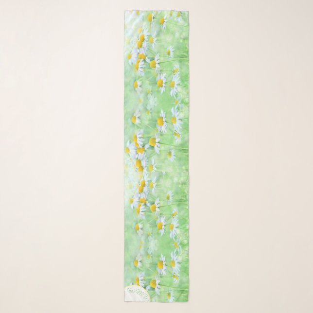 Simple White Daisies Green Meadow Monogram Scarf (Front)