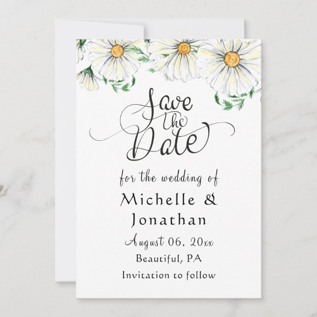 Simple White Daisies Greenery Floral Watercolor Save The Date (Front)
