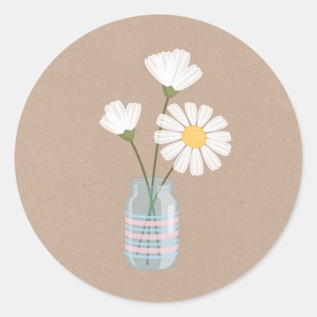 Simple White Daisies Mason Jar Bouquet Classic Round Sticker (Front)